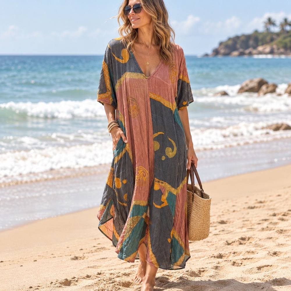 Tropical Tantrum Hawaii Rayon Batik Caftan Maxi Dress One Size Boho V-Neck